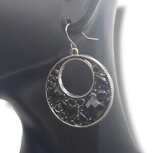 Black Silver Tone Hoop Dangle Drop Hook Earrings